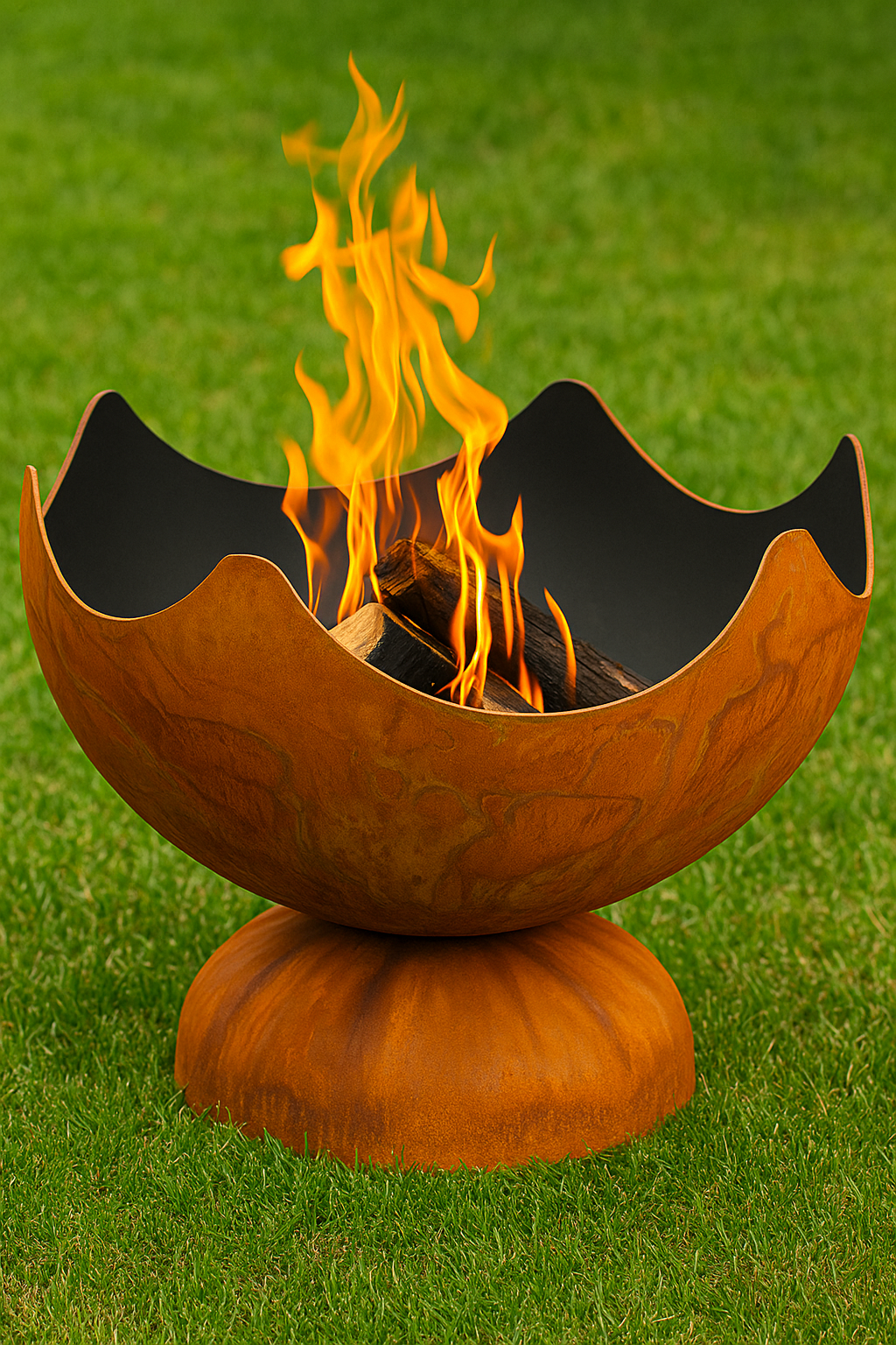 Wood burning fire pit on grass in the garden