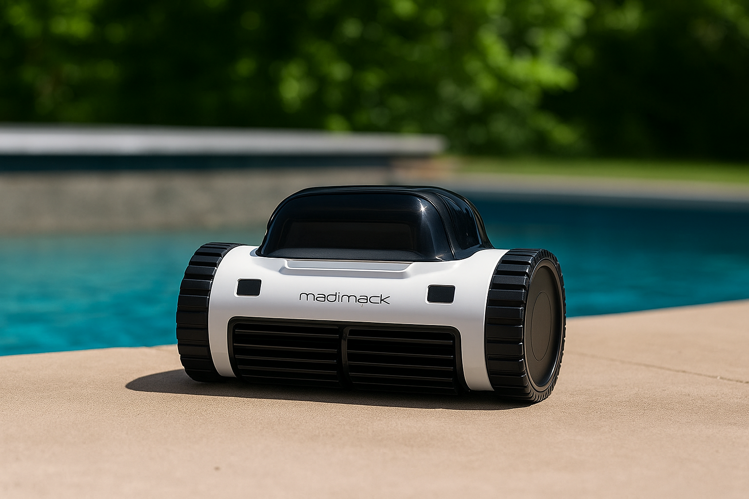 Madimack robotic pool cleaner on pool deck with water in background, designed for in-ground and above-ground swimming pool cleaning